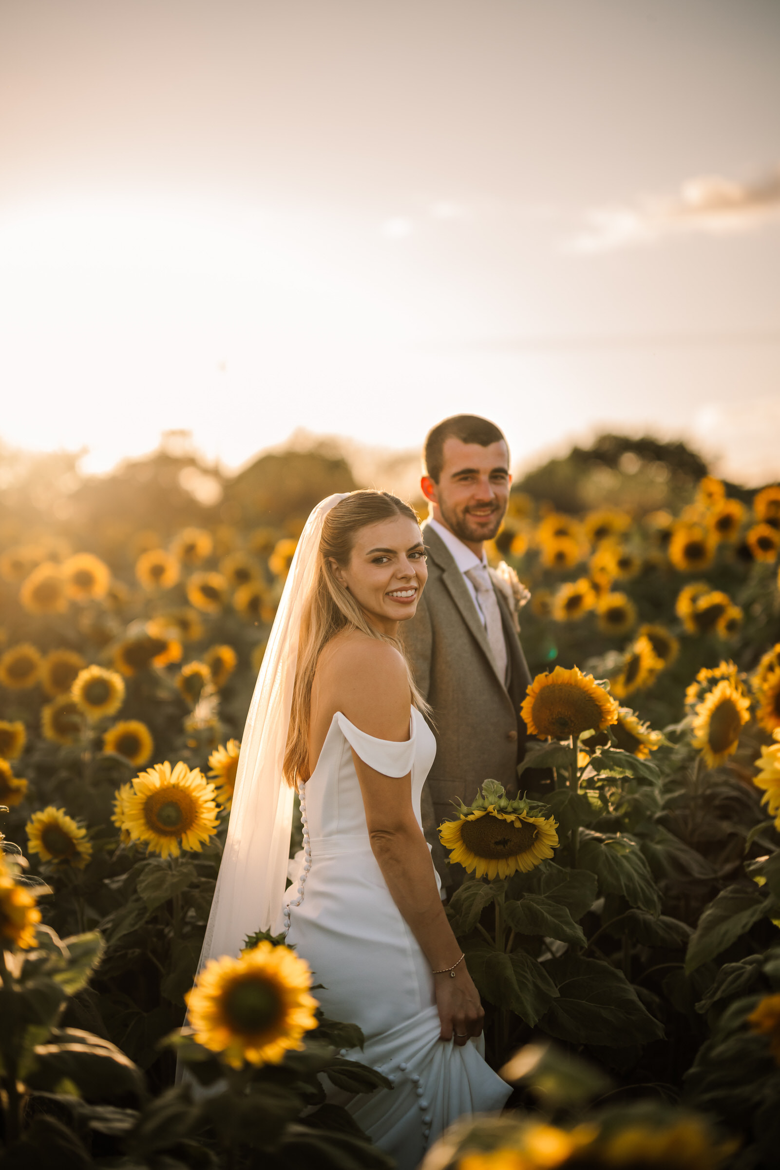 Golden hour in sunflower field at Old Vicarage Wedding